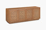 A brown 4-door buffet with inlaid rattan panels, placed against a plain white background.