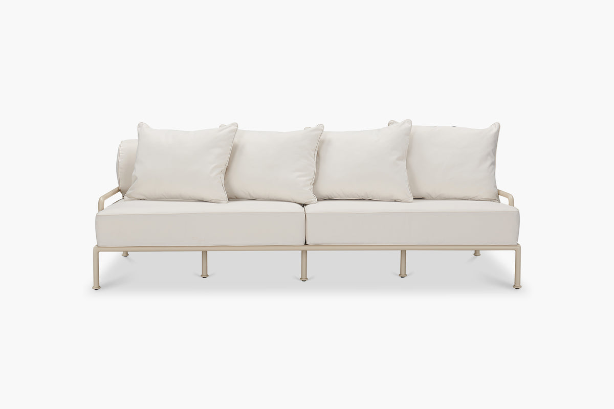 Cream outdoor sofa with pale frame, front view