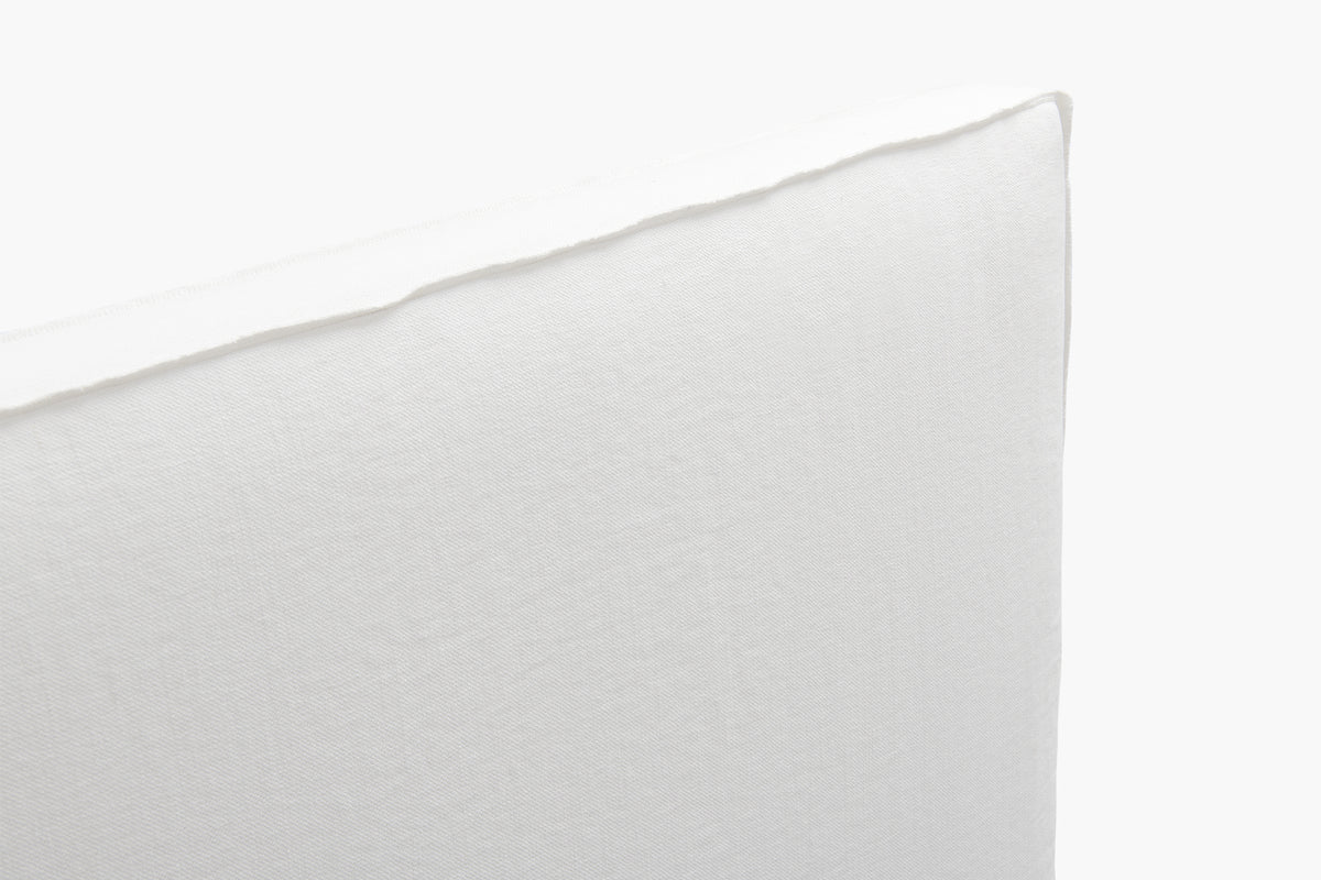 A close-up of a white upholstered bed headboard corner.