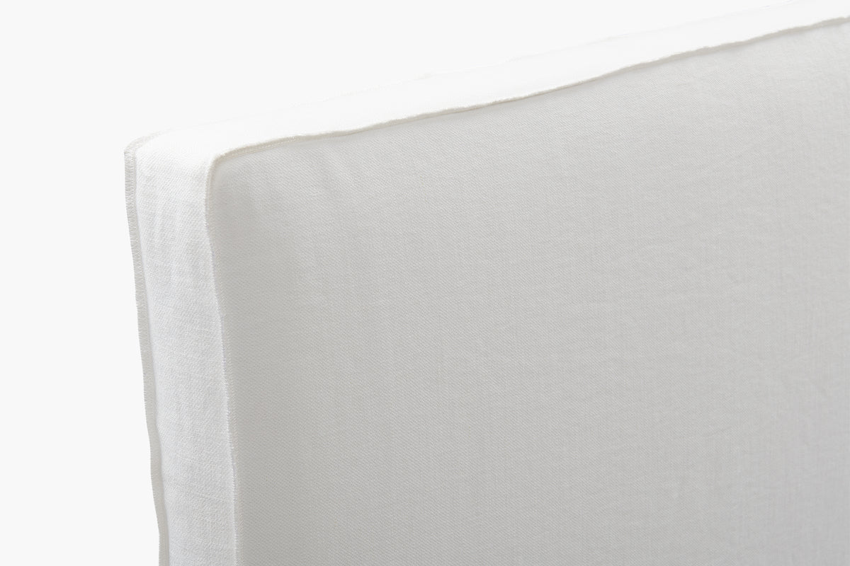 A close-up of a white upholstered bed headboard corner.