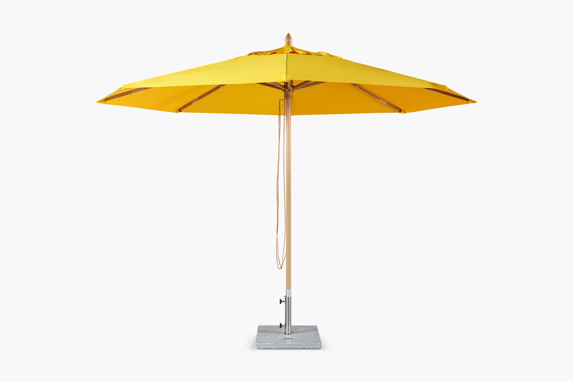 A bright yellow patio umbrella with a natural wood pole and a square gray base, shown against a plain white background.