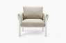 Beige boucle outdoor armchair with white rope frame, front view