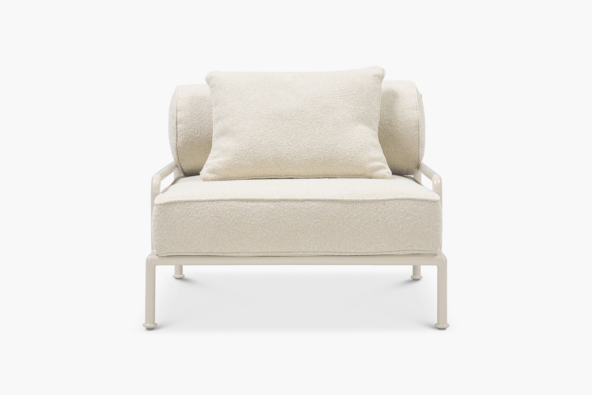 Cream boucle lounge chair with a glossy tan frame, front view
