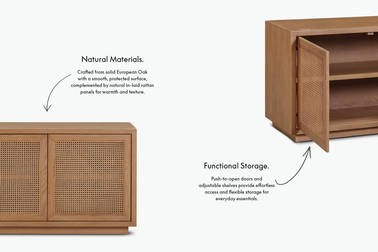 A light natural wood storage cabinet is shown on a white background with explanatory text callouts about natural materials and functional storage. One cabinet is shown closed and another is shown open at an angle.