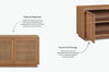 A light natural wood storage cabinet is shown on a white background with explanatory text callouts about natural materials and functional storage. One cabinet is shown closed and another is shown open at an angle.