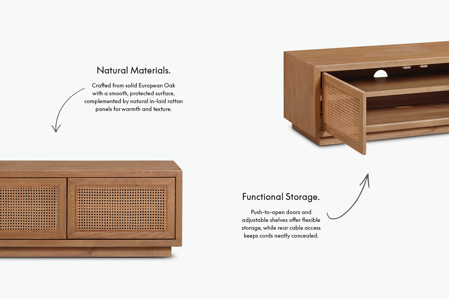 A wooden sideboard cabinet shown from multiple angles with explanatory text callouts about natural materials and functional storage, on a light gray background.