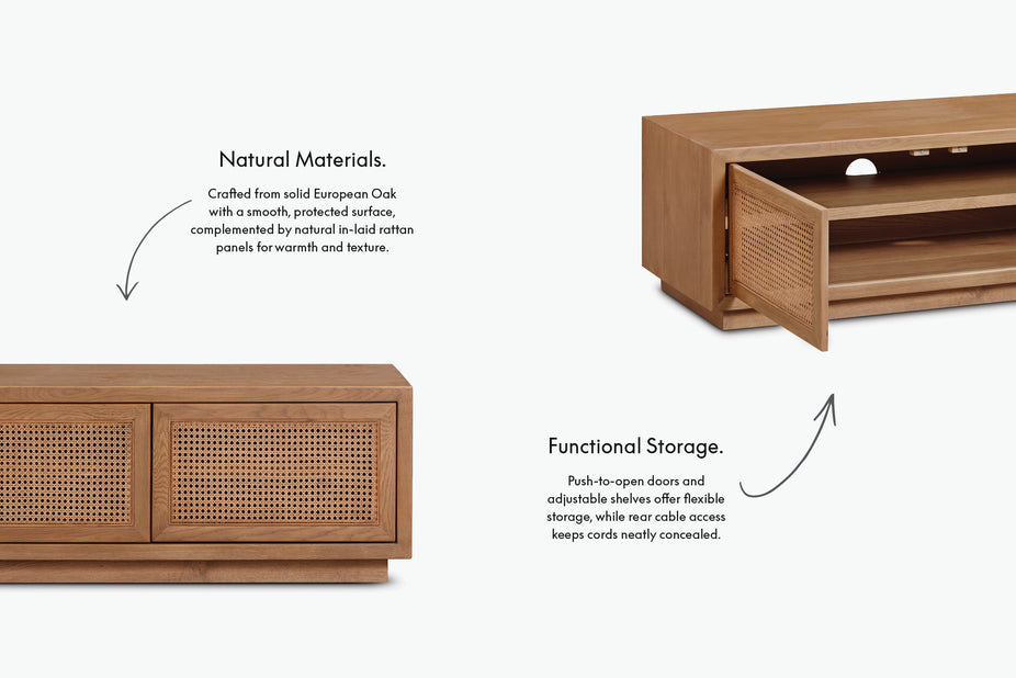 A wooden sideboard cabinet shown from multiple angles with explanatory text callouts about natural materials and functional storage, on a light gray background.
