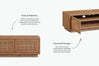A wooden sideboard cabinet shown from multiple angles with explanatory text callouts about natural materials and functional storage, on a light gray background.