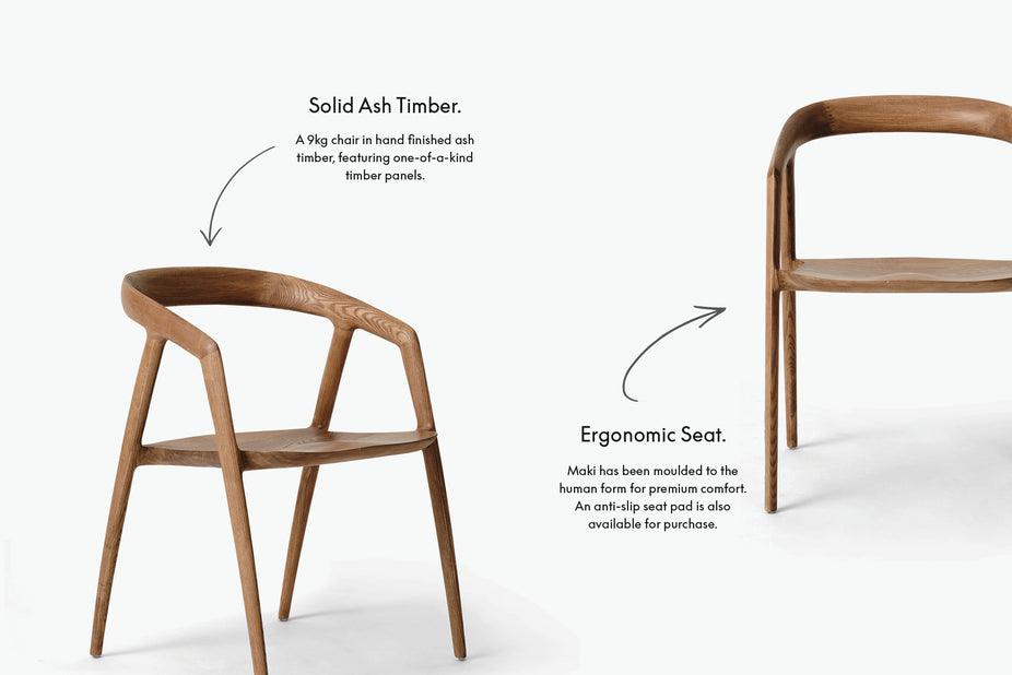 A wooden dining chair shown on a clean white studio background with callout text describing its solid ash timber frame and ergonomic seat. A second view of the chair appears on the right, and a third view shows the chair from a different angle on the left.