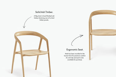 Two light ash wood chairs shown on a white background with descriptive text callouts: one labeled 'Solid Ash Timber' and the other labeled 'Ergonomic Seat.'.