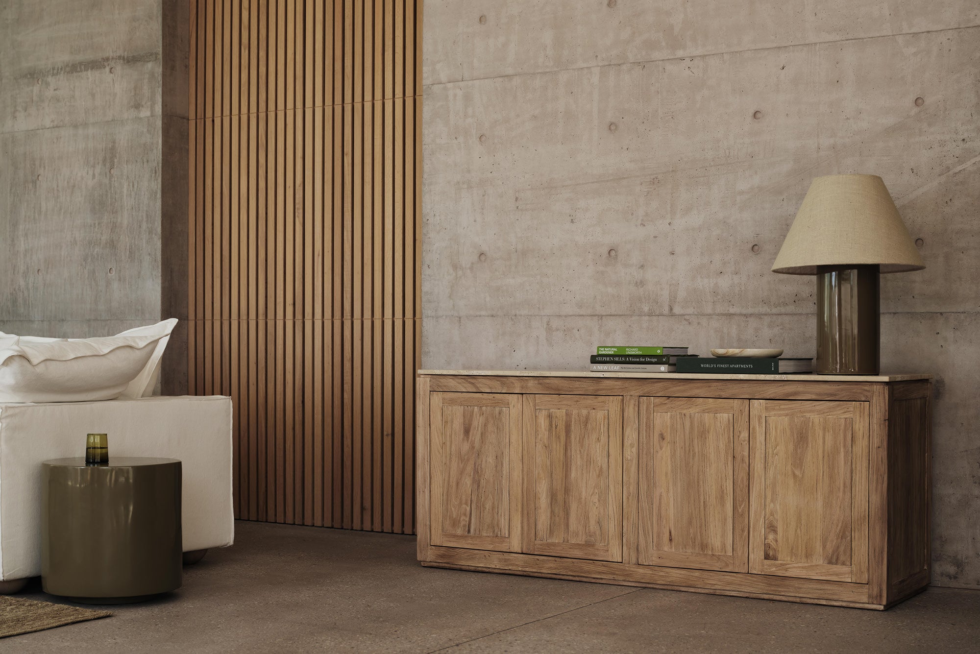 timber console unit with olive lamp and cream natural shade