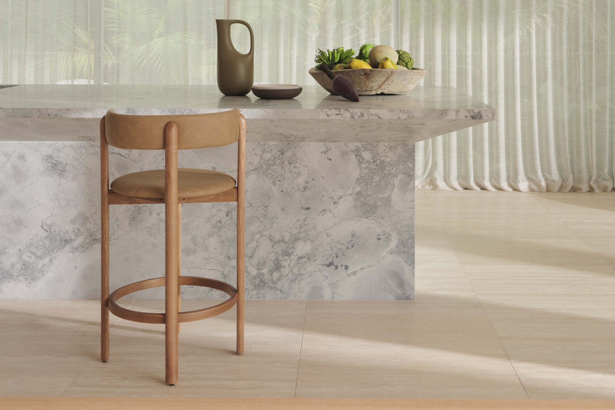 kitchen island setting with bar stool with brown timber frame and brown vinyl