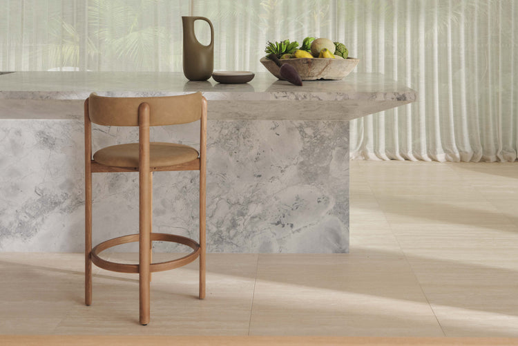 kitchen island setting with bar stool with brown timber frame and brown vinyl