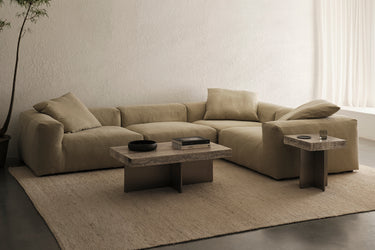 Beige corner sectional sofa in a room with a tall potted plant