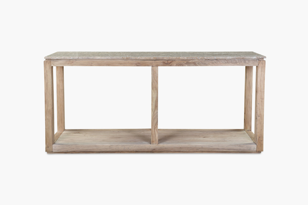 A natural stone and old elm timber console table on a white background.